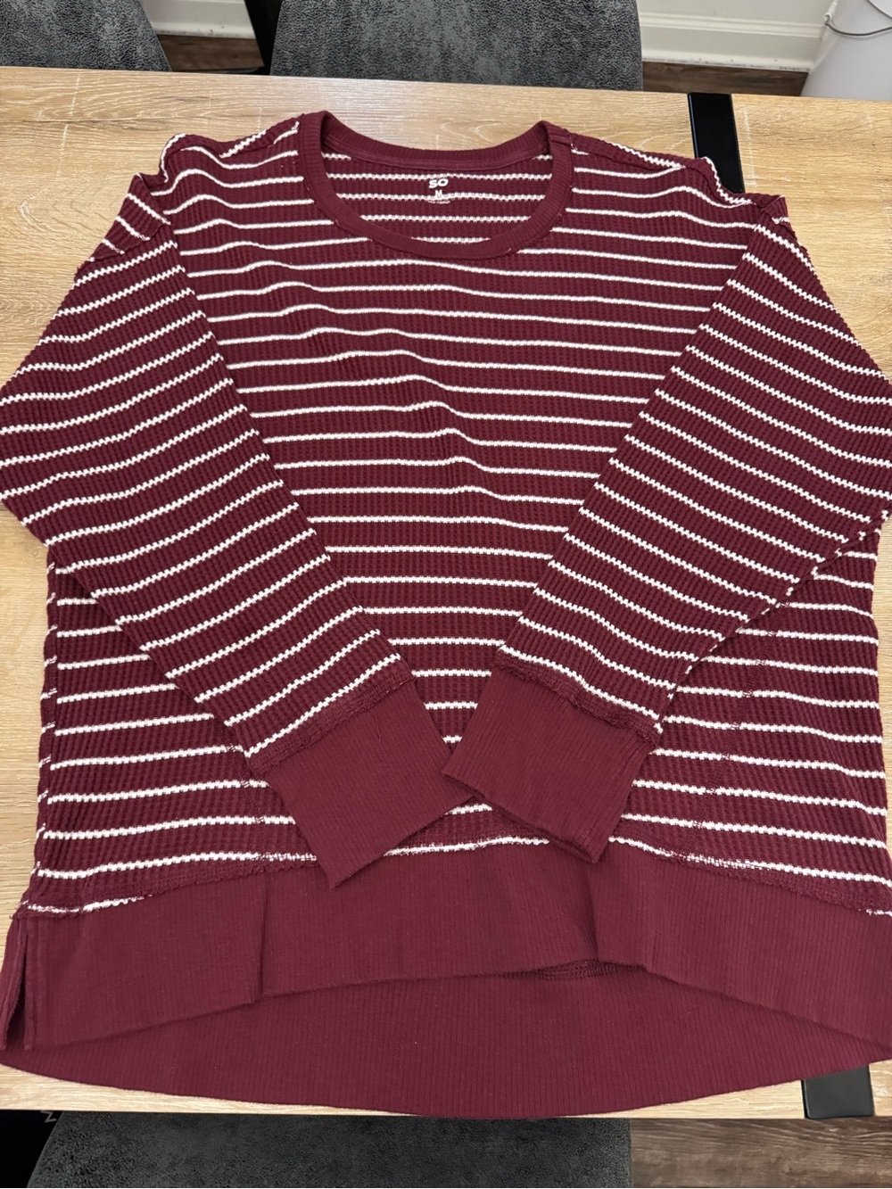 Women’s Maroon & White Striped Knit Crewneck Waffle knit